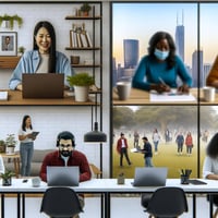 The image showing employees working either remotely or in a hybrid model
